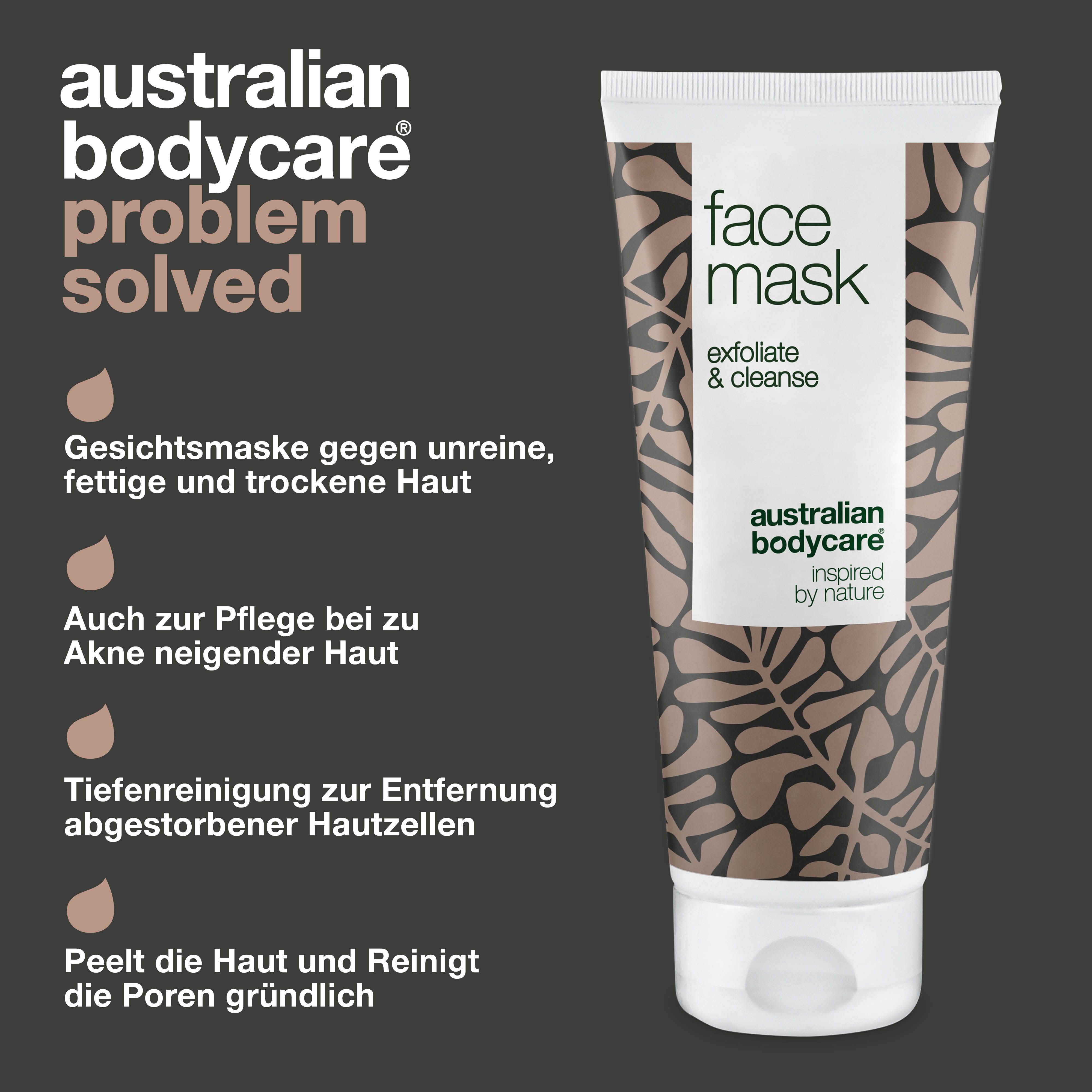 Gesichtsmaske-Tube und Text: Gesichtsmaske gegen unreine Haut, Akne. Text: Australian Bodycare.
