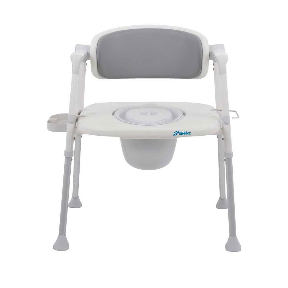 Toilettenstuhl mit weißem Rahmen, grauem Sitz und Rückenlehne. Höhenverstellbare Beine. Eimer unter dem Sitz.