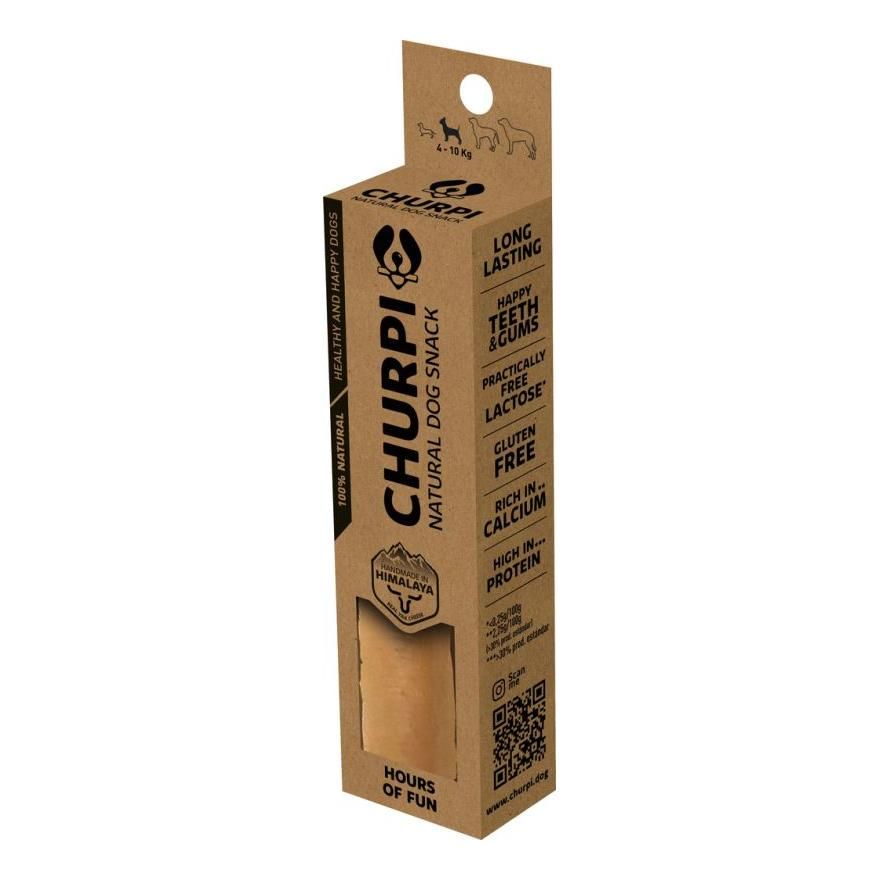 Churpi-Kausnack in Kartonverpackung. Sichtfenster, Produktname und Text. Natürlicher Hundesnack.