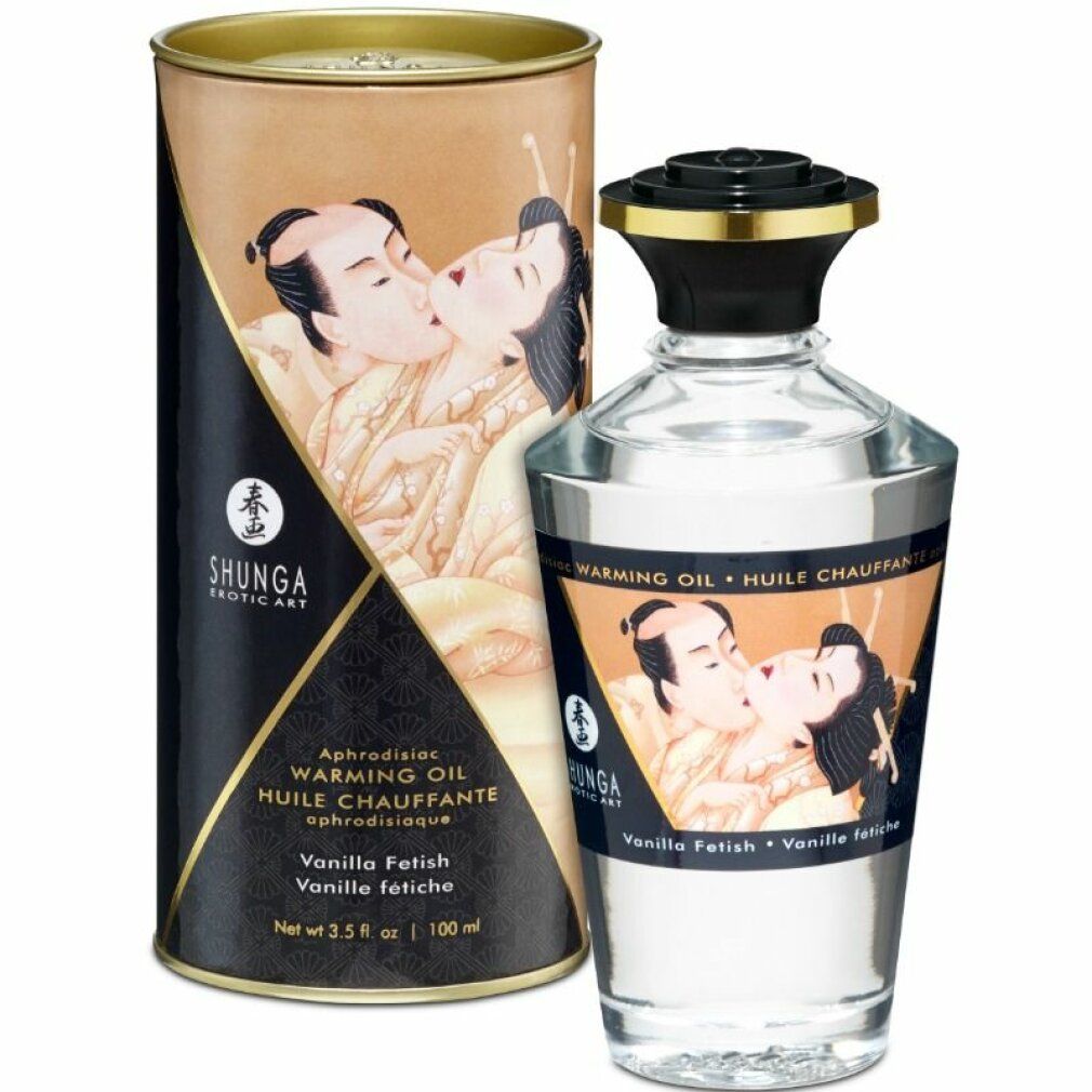 Shunga massageolie met vanille aroma. Fles en verpakking met afbeelding van een paar. Tekst: Warming Oil, Vanilla Fetish.