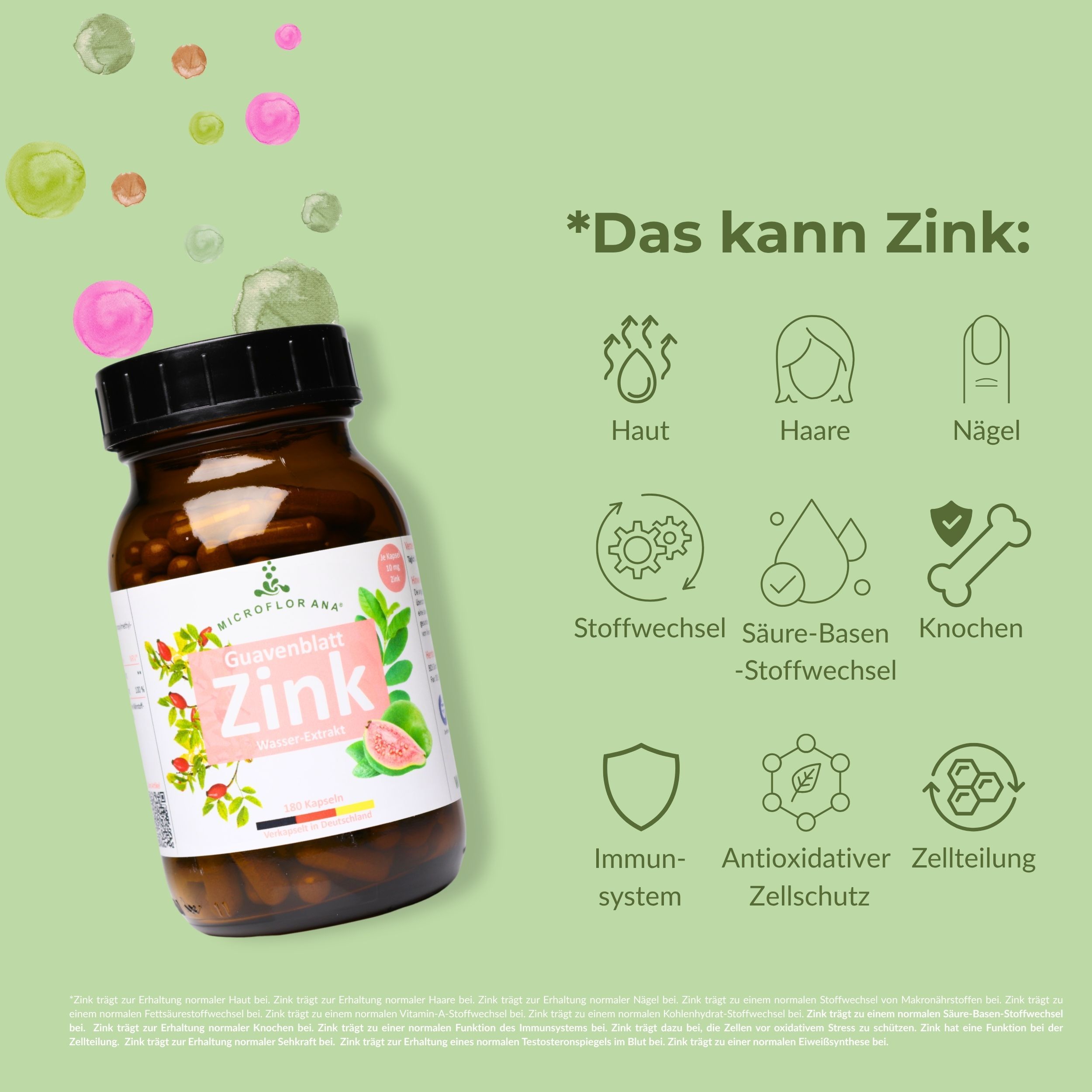 Braune Flasche mit Kapseln. Grafiken zeigen Vorteile von Zink: Haut, Haare, Nägel, Stoffwechsel, Knochen, etc.