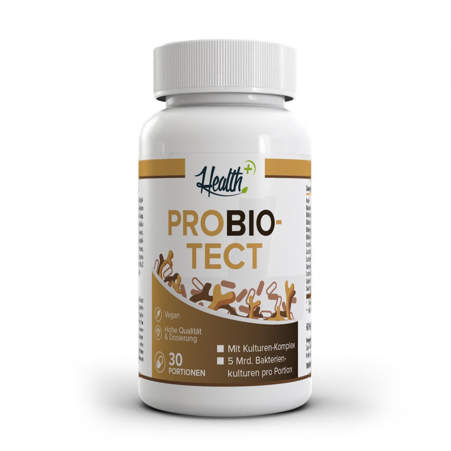 Flasche mit Kapseln, Vorderseite mit "Health+ PROBIO-TECT" Logo, "Vegan" und "30 Portionen".
