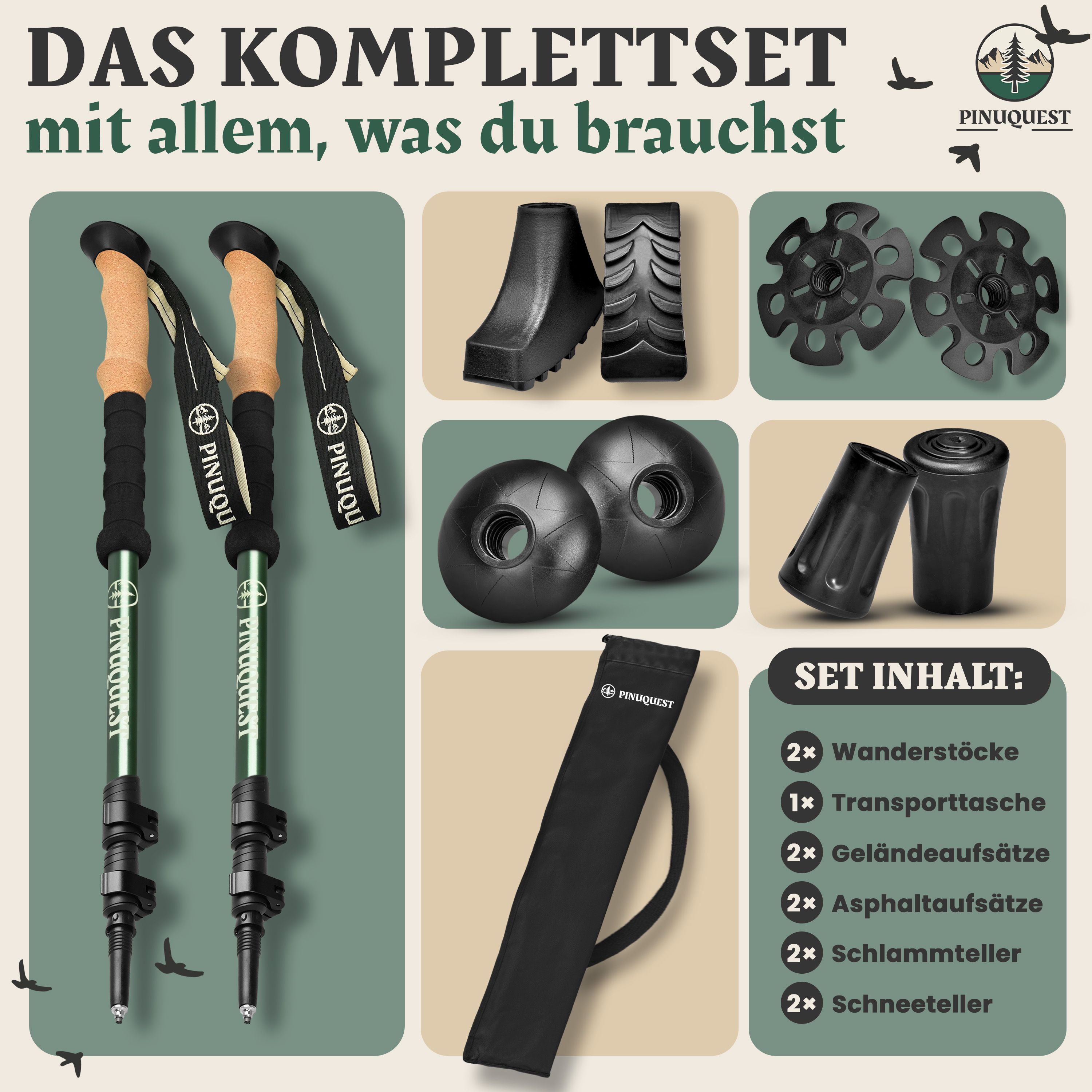 Komplettset Nordic Walking Stöcke mit Zubehör: Teller, Spitzen, Schutzkappen und Transporttasche. Schwarze Elemente, Griffe aus Kork.