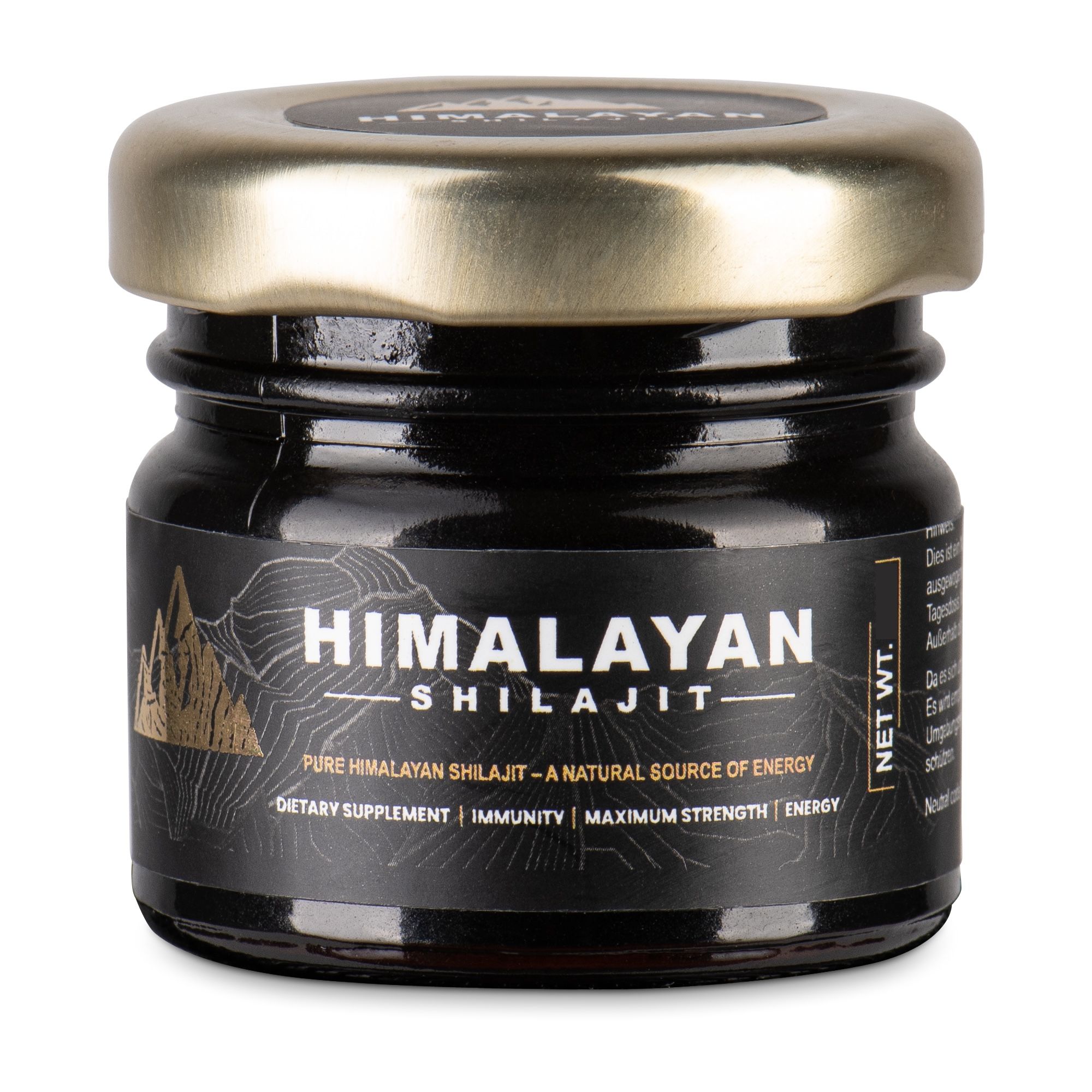 Glasbehälter mit schwarzem Inhalt und goldenem Deckel. Etikett mit "Himalayan Shilajit" und Produktinformationen.