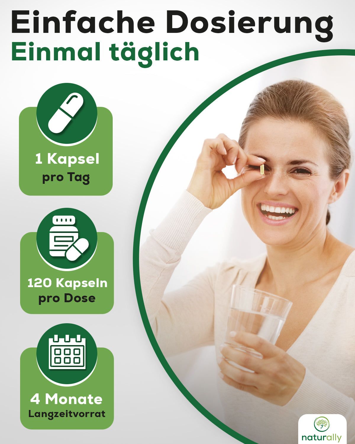 Frau nimmt Kapsel. Text: 1 Kapsel pro Tag, 120 Kapseln pro Dose, 4 Monate Langzeitvorrat. naturally.