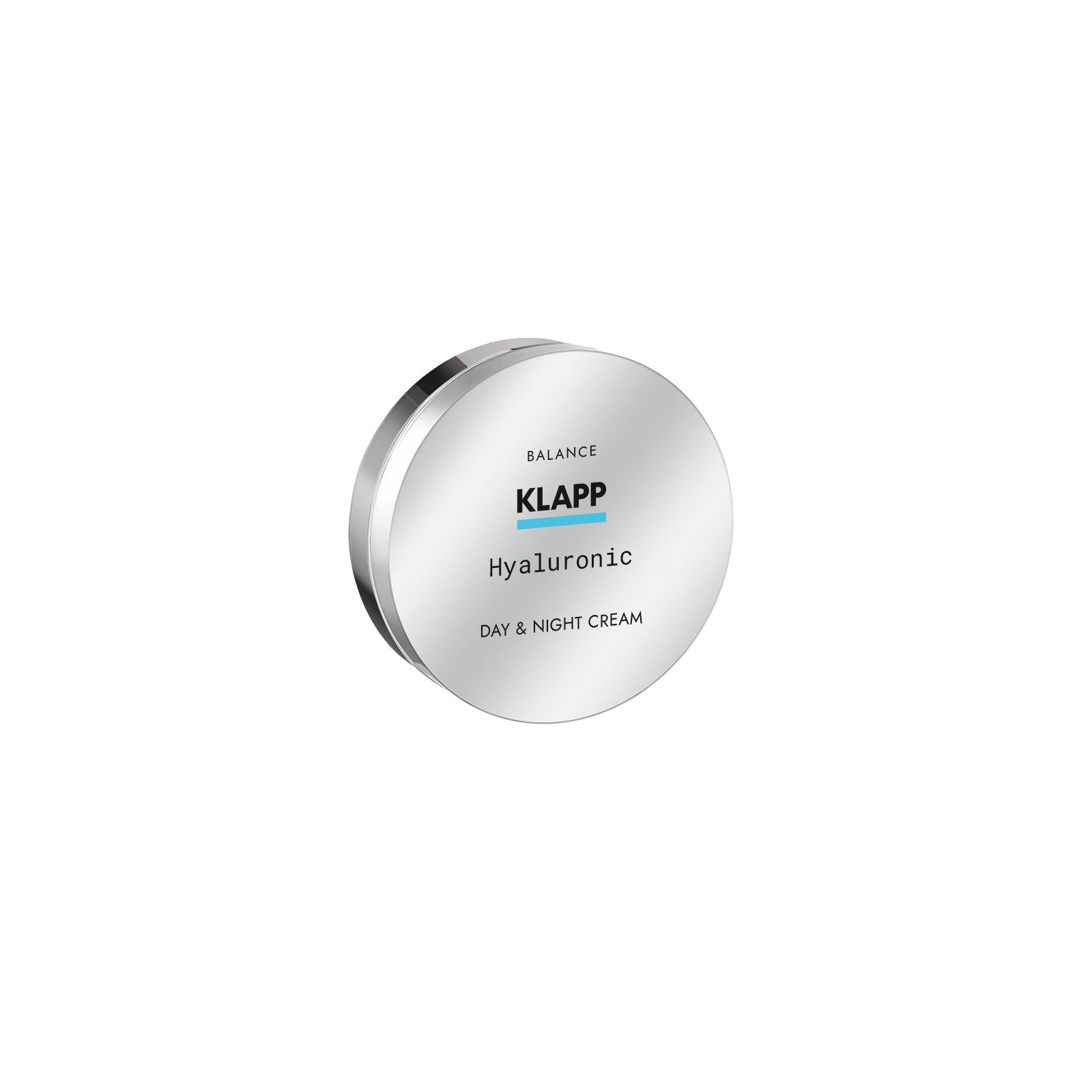 Runder, silberfarbener Behälter. Deckel mit Schriftzug 'KLAPP', 'Hyaluronic' und 'DAY & NIGHT CREAM'.