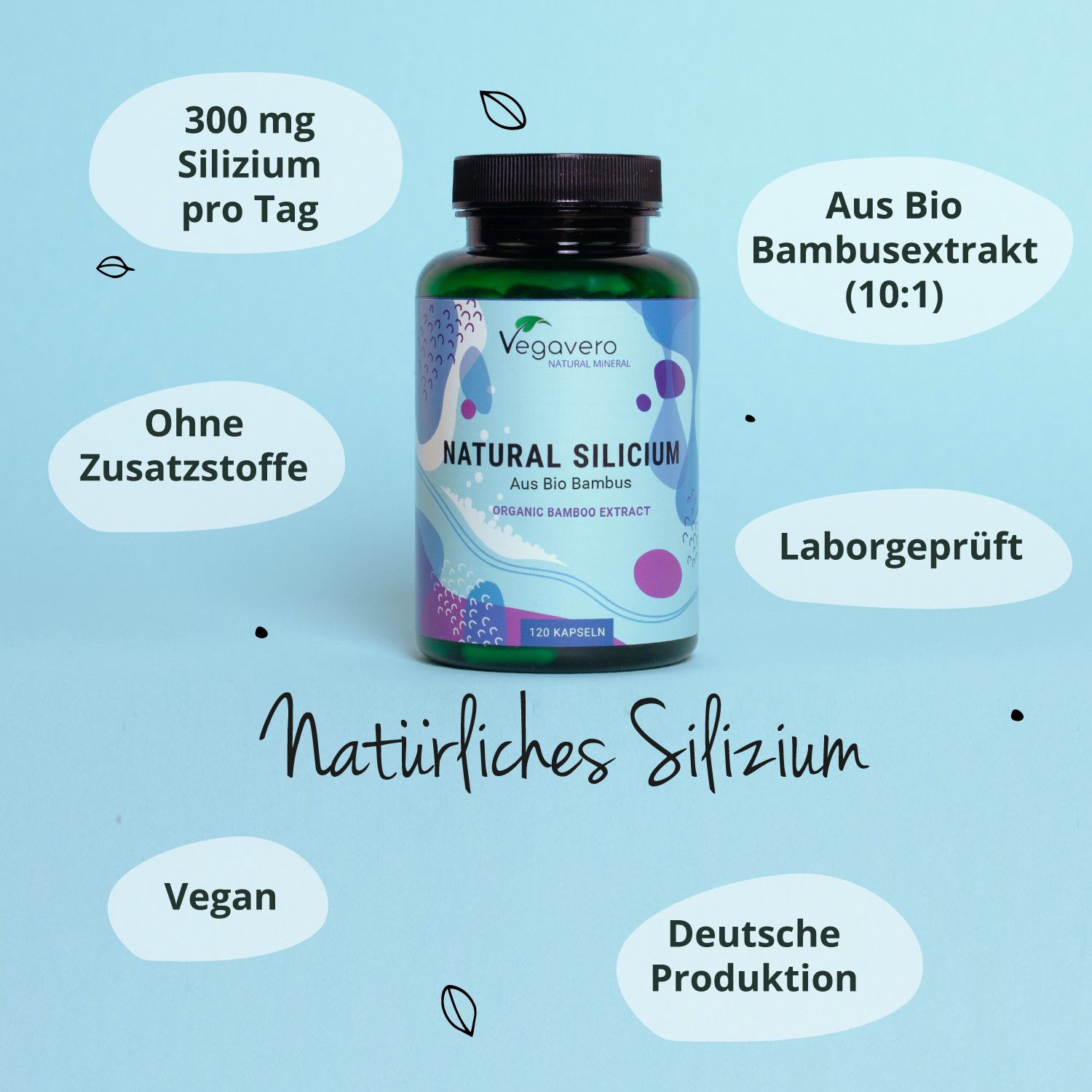 Flasche NATURAL SILICIUM BIO mit Text: 300 mg Silizium pro Tag, Aus Bio Bambusextrakt, Laborgeprüft, Vegan, Deutsche Produktion.