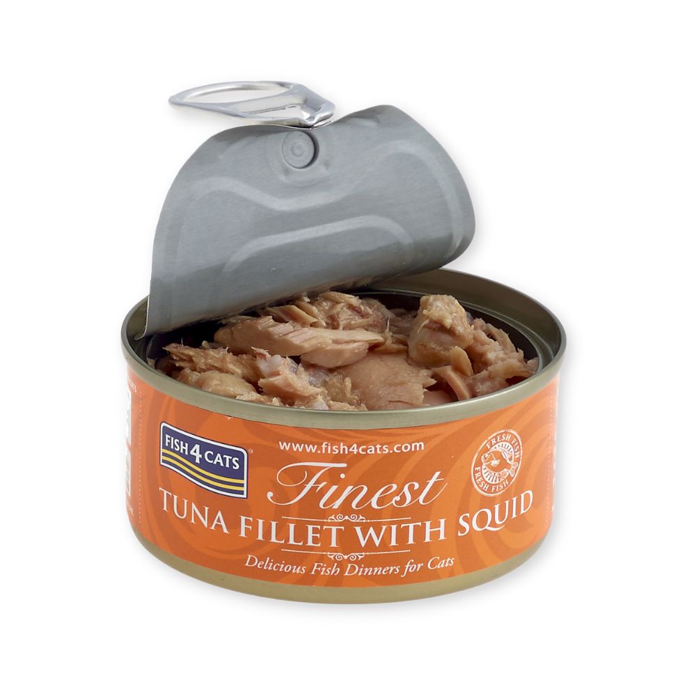 Geöffnete Dose Thunfischfilet mit Tintenfisch. Aufschrift: Fish4Cats Finest Tuna Fillet with Squid. Leckere Fischgerichte für Katzen.