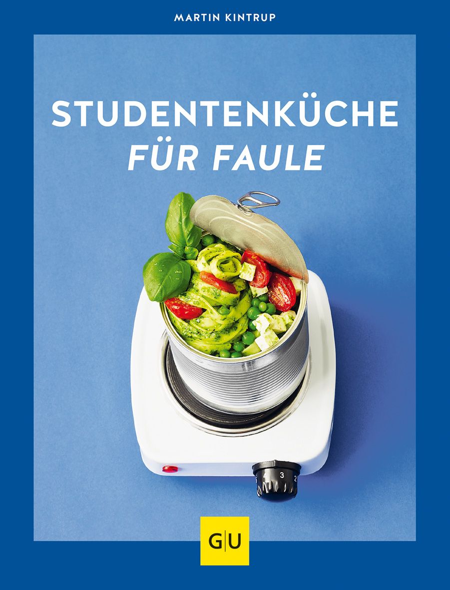 Kochbuch "Studentenküche für Faule" mit Dose auf Kochplatte. Dose mit Essen, Basilikum, Tomaten. GU-Verlag Logo.