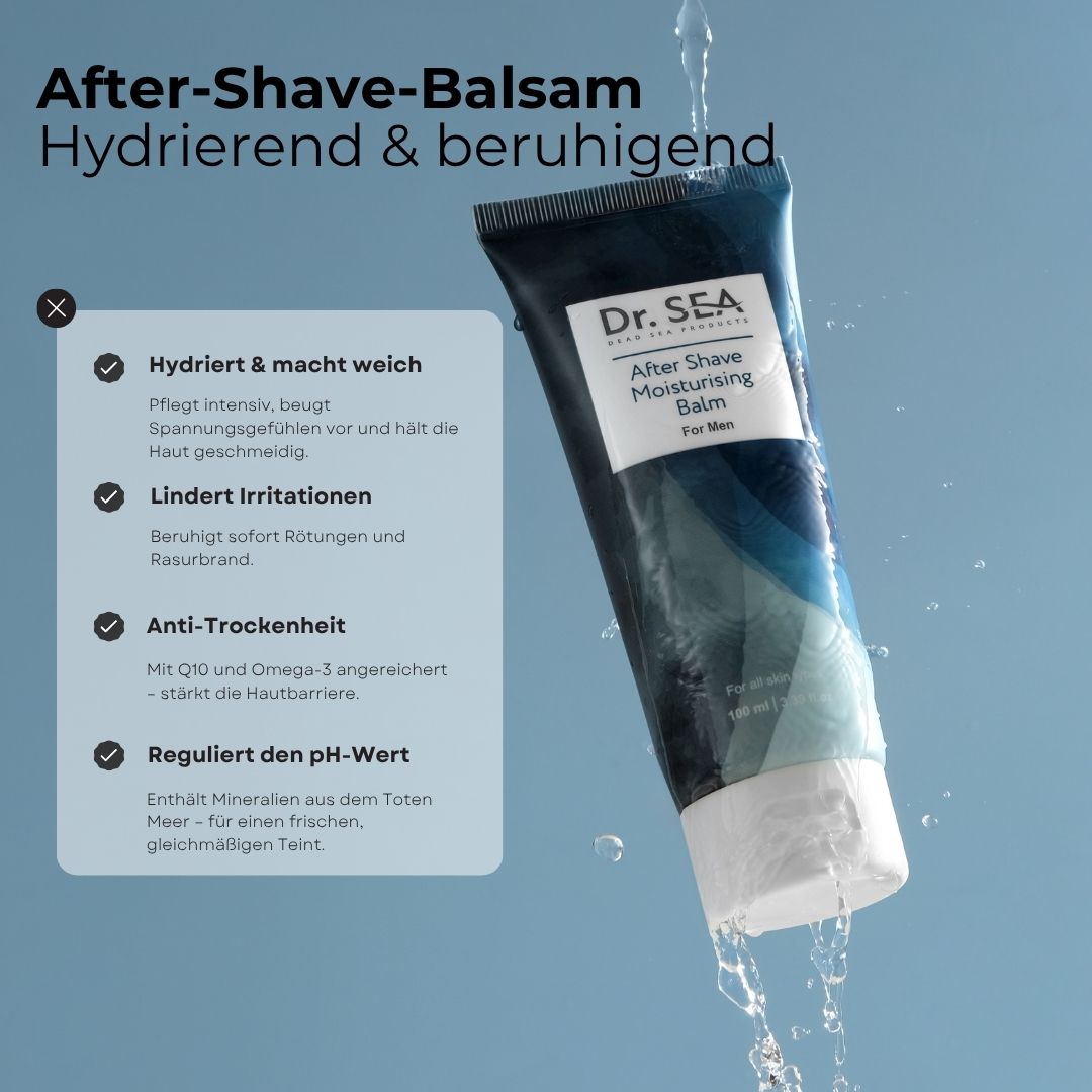 Blaue Tube After Shave Balsam. Text: Hydriert & macht weich, lindert Irritationen, Anti-Trockenheit, reguliert den pH-Wert.