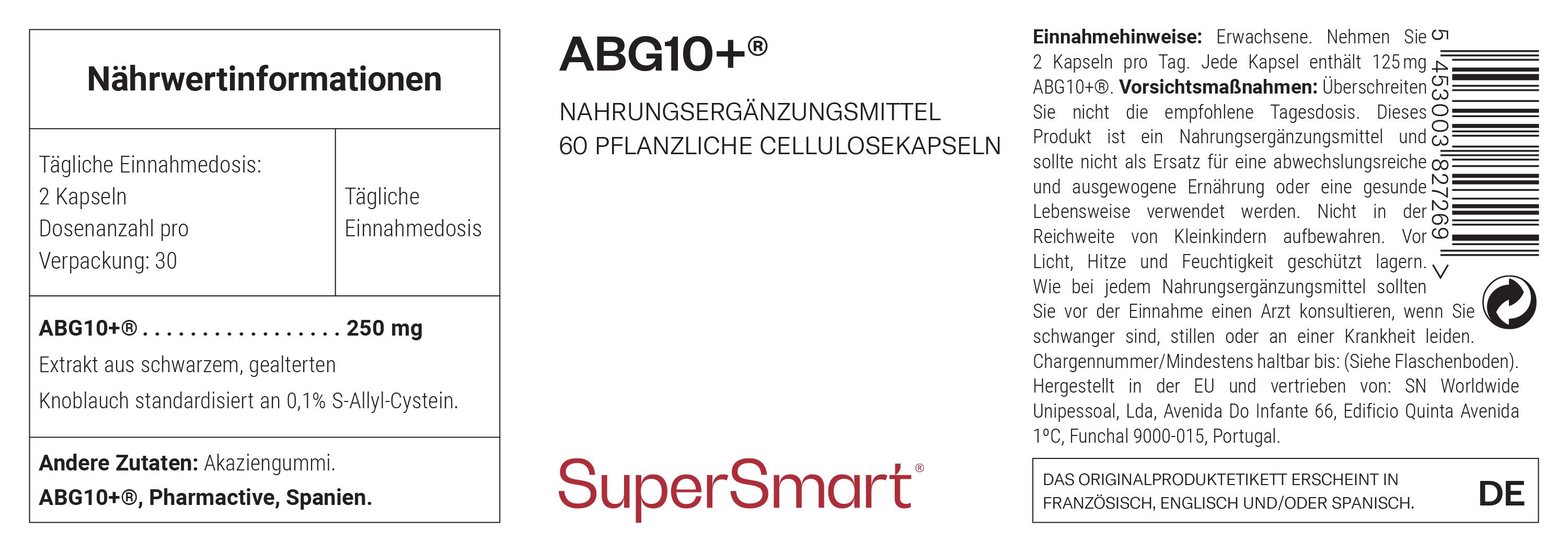 Etikett mit Nährwertinformationen für ABG10+®-Nahrungsergänzungsmittel. 60 pflanzliche Zellulosekapseln. SuperSmart-Logo.