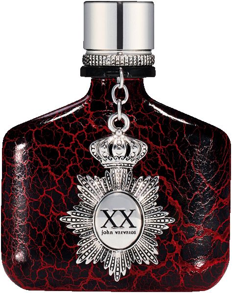 Dunkelrote Flasche mit silbernen Details. Silberner Verschluss. Anhänger mit Krone und XX-Logo. Text: John Varvatos.