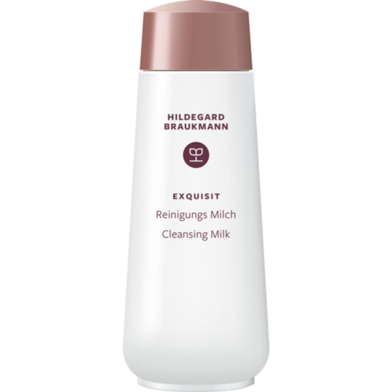 Flasche mit kupferfarbenem Deckel. Beschriftung: Hildegard Braukmann, Exquisit Reinigungs Milch, Cleansing Milk.