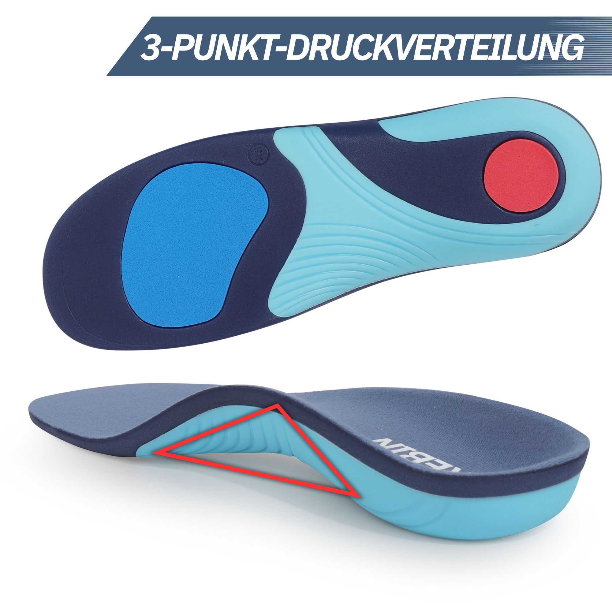 Zwei Ansichten einer orthopädischen Einlegesohle mit 3-Punkt-Druckverteilung. Oberseite blau und dunkelblau, mit rotem Fersenpolster.