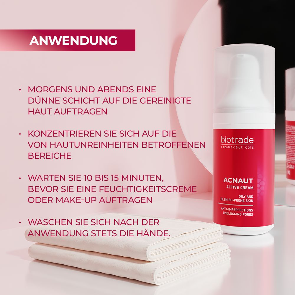 Produktflakon, rotes Etikett, Text: Acnaut Active Cream. Anwendungshinweise: Morgens/abends auftragen, 10-15 Min. warten.
