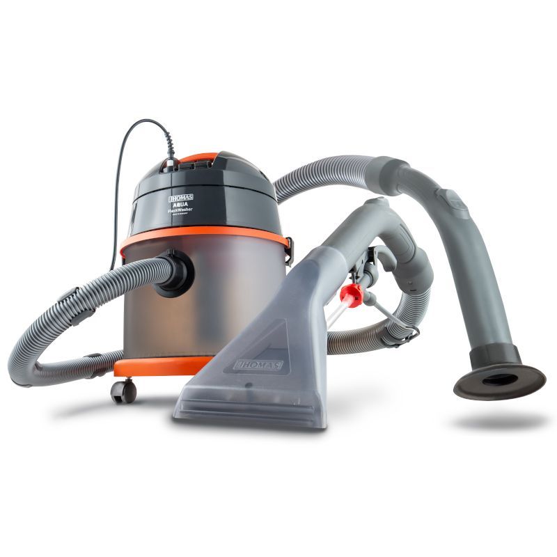 THOMAS FleckWasher, grau-orange, mit Schläuchen und Düse. Auf Rollen, mit Netzkabel.