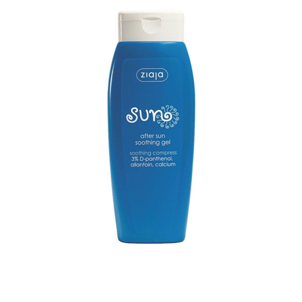 Dunkelblaues Gel mit weißem Deckel. Aufschrift: Ziaja, Sun, After Sun Soothing Gel. Enthält D-Panthenol, Allantoin, Calcium.