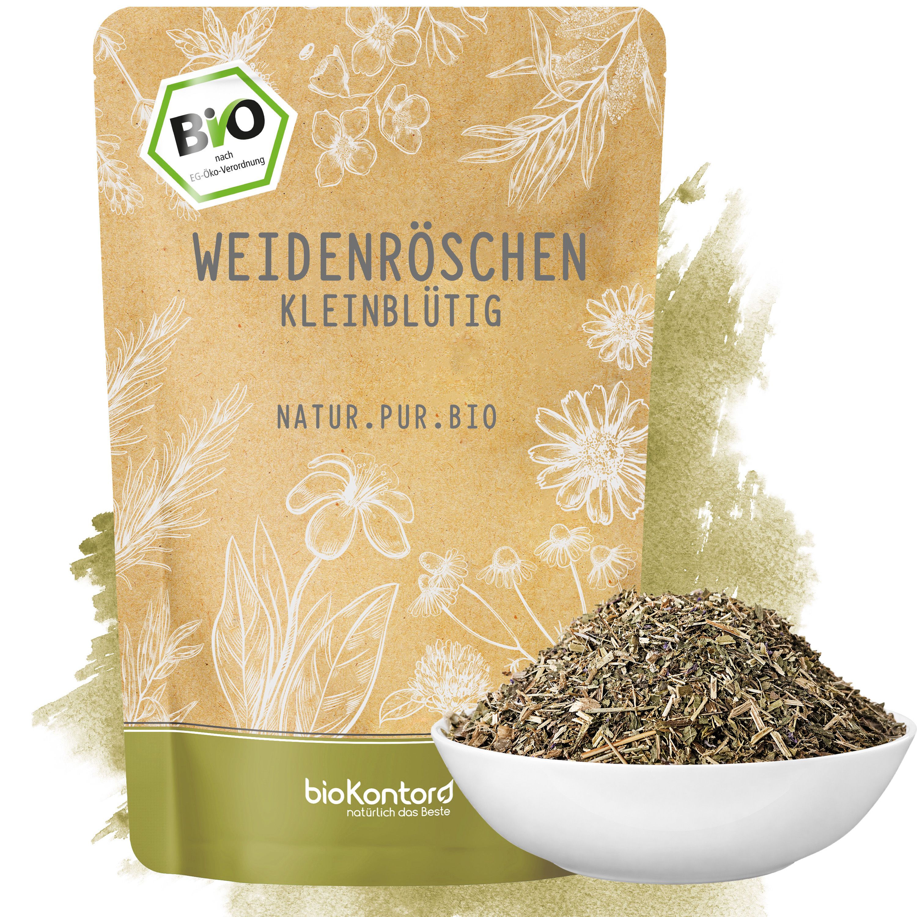 Bio-Kräutertee aus Süßholzwurzel, geschnitten, in einer Papiertüte mit floralem Design.