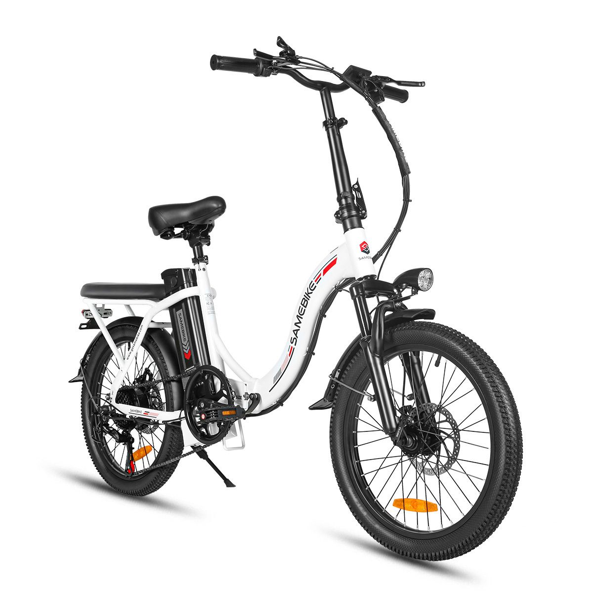 Faltbares E-Bike, weiß und schwarz, mit Scheinwerfer. Marke SAMEBIKE.