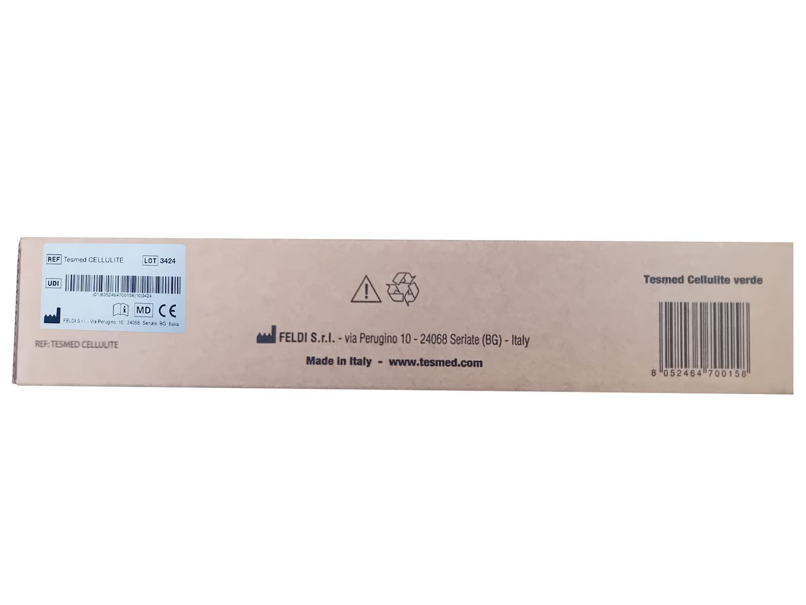 Braune Produktverpackung. Text: Tesmed Cellulite verde, Made in Italy, Barcode, Logos.