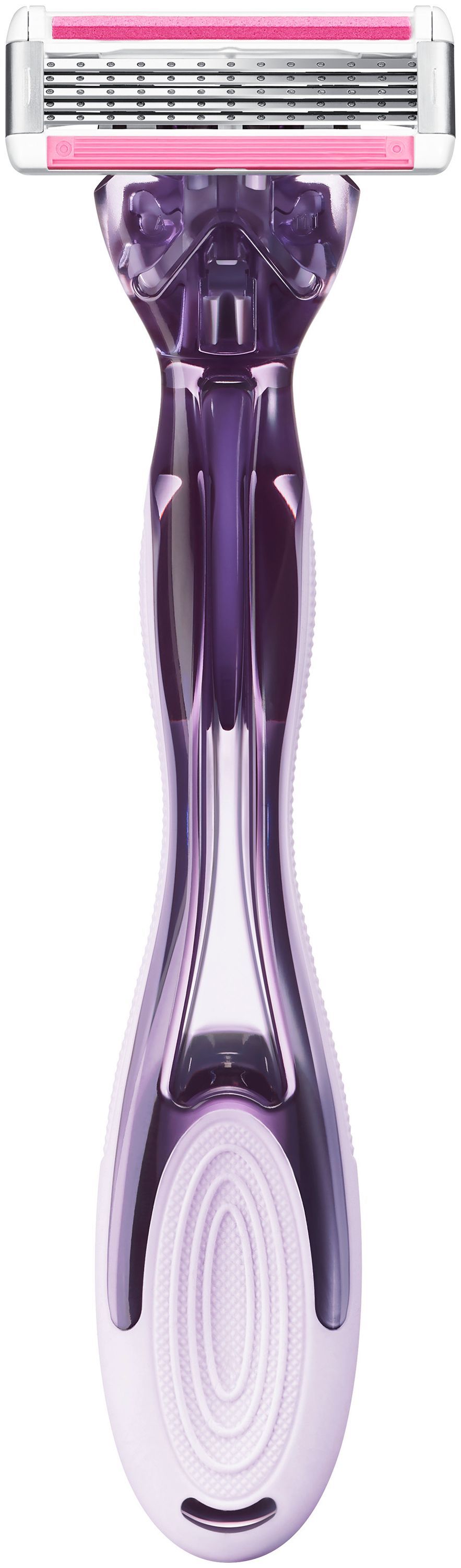 Violett-weißer Rasierer mit 3 Klingen. Ergonomischer Griff. Logo 'Soleil'.