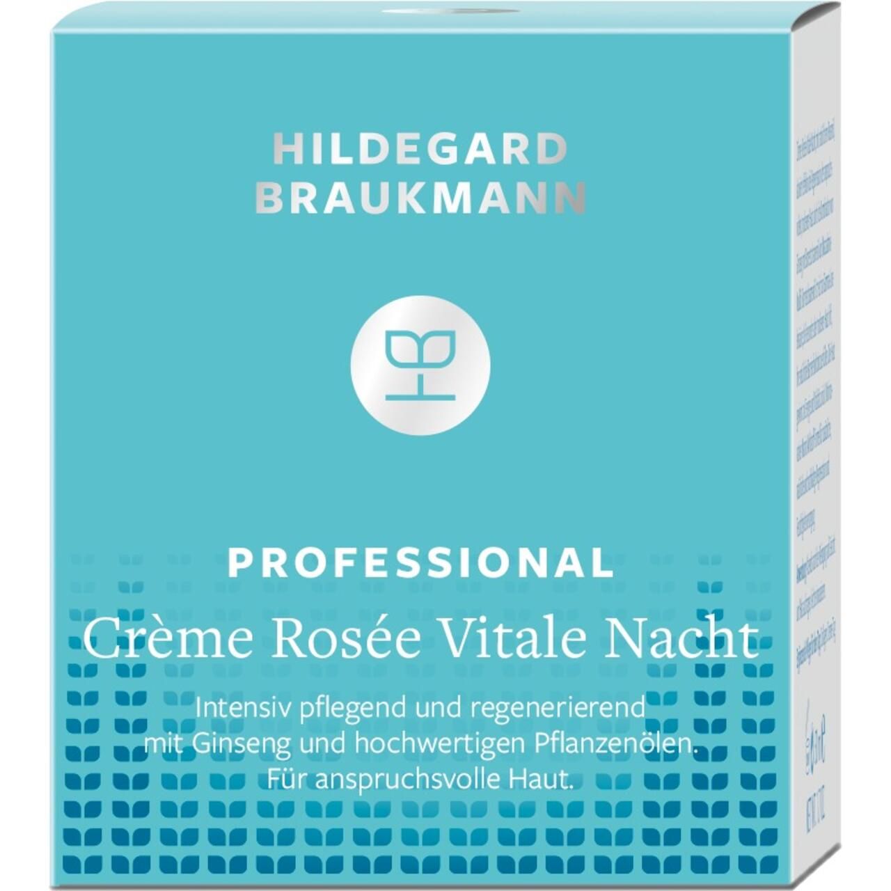 Türkisfarbene Schachtel. Aufschrift: Hildegard Braukmann, Professional, Crème Rosée Vitale Nacht. Text über Inhaltsstoffe und Hauttyp.