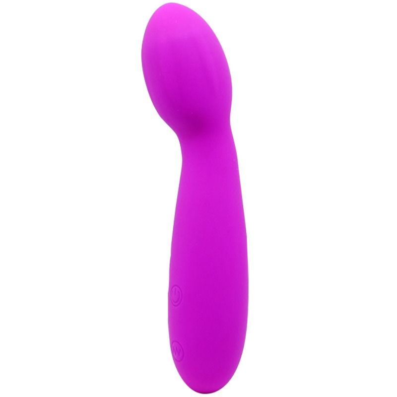 Lila Vibrator mit gebogener Form. Zwei Knöpfe. Glatte Oberfläche. Ergonomisches Design.