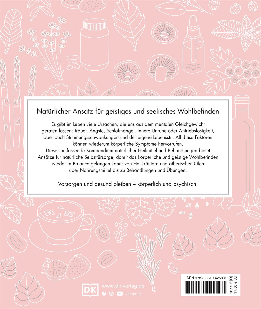 Buchrückseite mit Text in deutscher Sprache. Titel: Natürlicher Ansatz für geistiges und seelisches Wohlbefinden. Rosa Hintergrund.