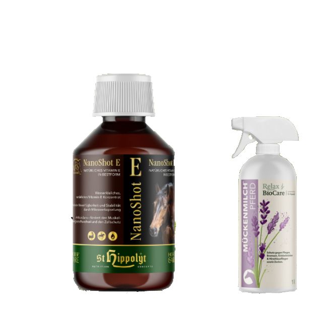 Zwei Produkte: Eine braune Flasche mit weißem Deckel und Etikett "NanoShot E", daneben eine Sprühflasche mit "Mückenmilch für Pferde".