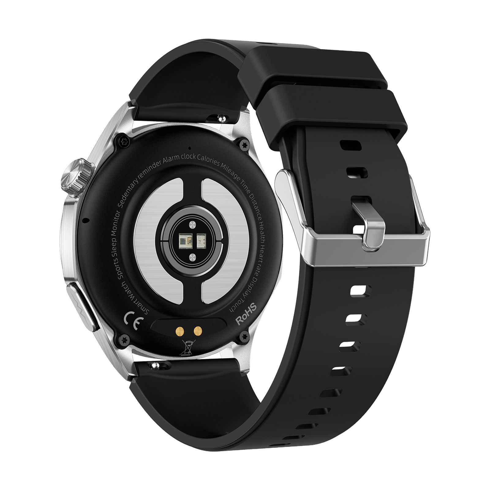 Rückseite einer Smartwatch mit schwarzem Armband. Sichtbar sind Sensoren, Ladekontakte und CE-Kennzeichnung.