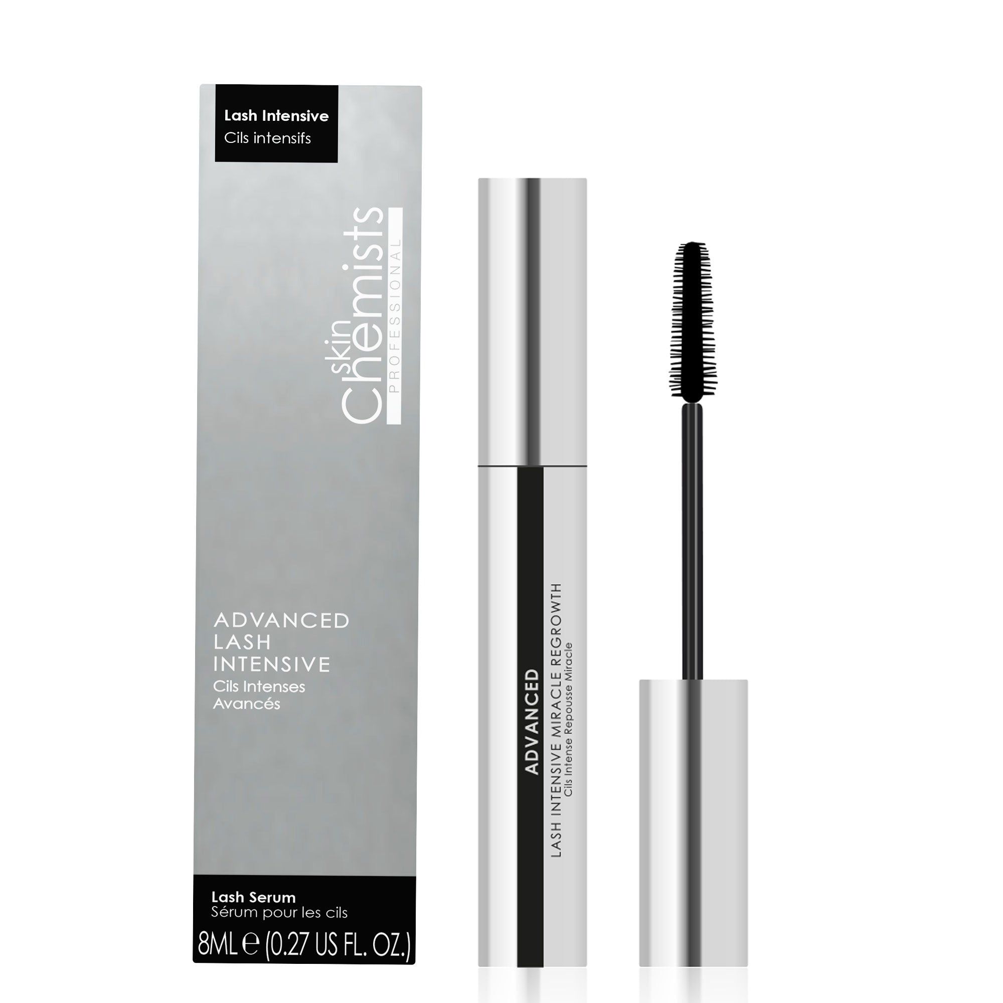 SkinChemists Advanced Lash Intensive. Mascara-Tube und Verpackung. Silberfarbenes Gehäuse, schwarze Bürste. Text: Advanced Lash Intensive, 8ml.