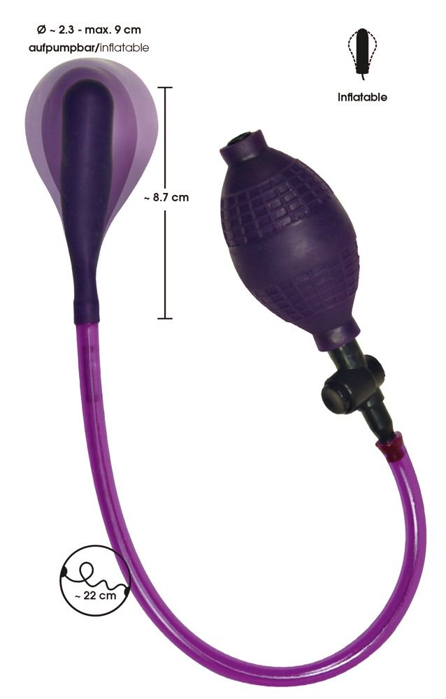 Violett Analplug mit Handpumpe. Aufblasbarer Teil, Schlauch, Pumpe. Abmessungen: 2,3-9 cm, 8,7 cm, 22 cm.
