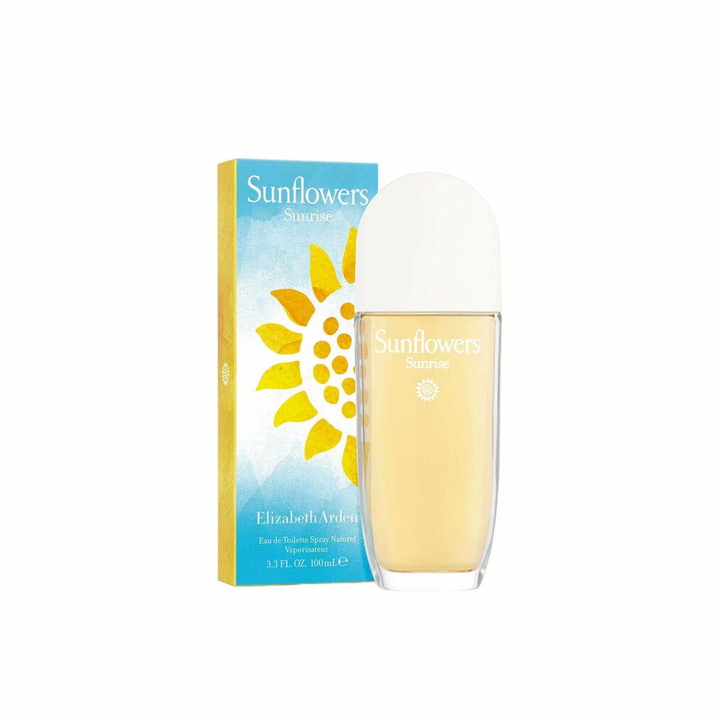 Flakon und Schachtel. Aufschrift: Sunflowers Sunrise. Gelbe Flüssigkeit im Flakon. Weiße Kappe. Sonnenblume auf der Schachtel.