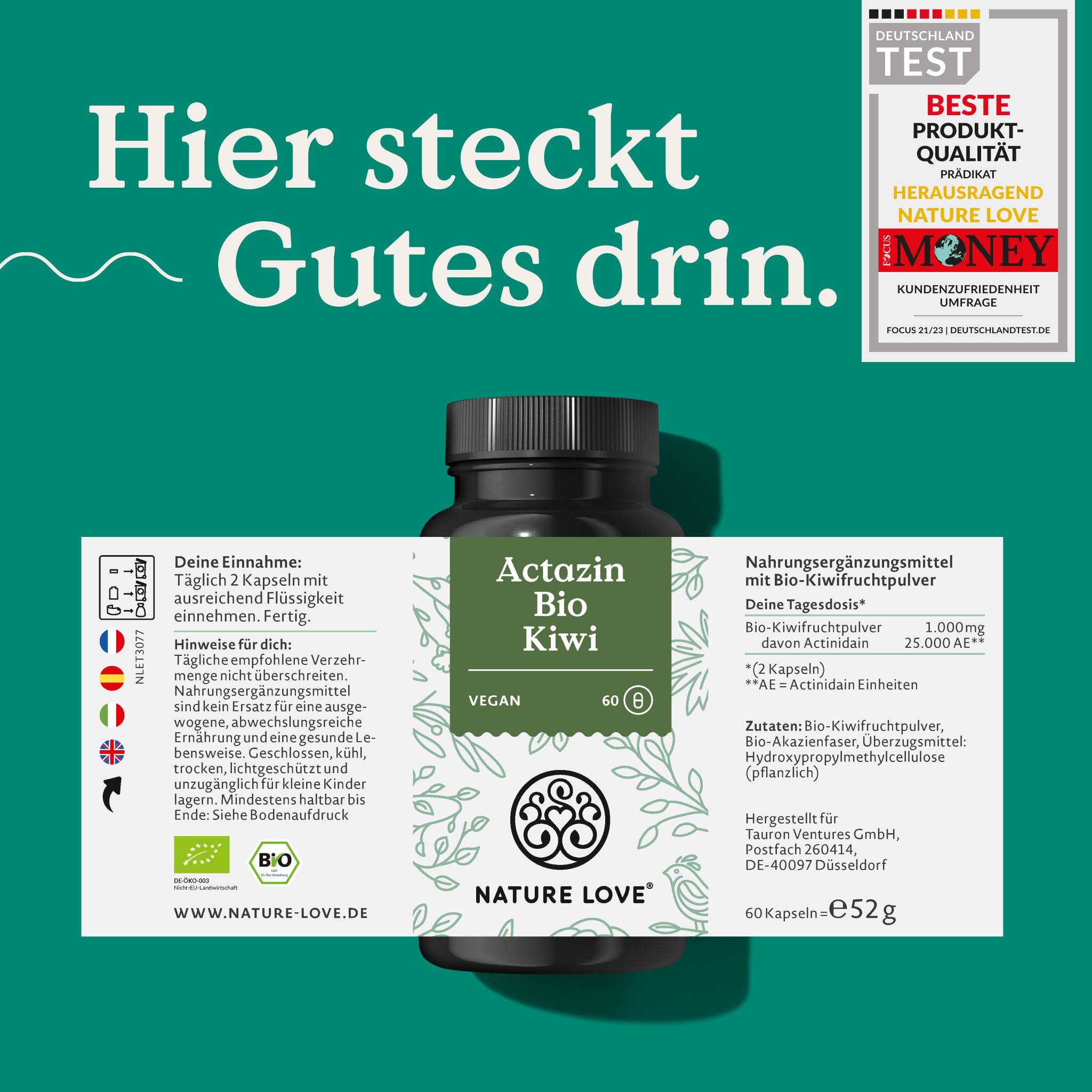 Produktflasche mit Etikett. Text: Actazin Bio Kiwi, Vegan, 60 Kapseln. Logo Nature Love. Auszeichnung: Deutschland Test.