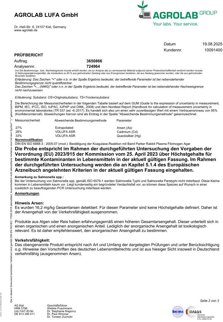 Fortsetzung des Prüfberichts von Agrolab LUFA GmbH. Angaben zu Bestimmungsmethoden und Anmerkungen. Hinweis auf Arsen.