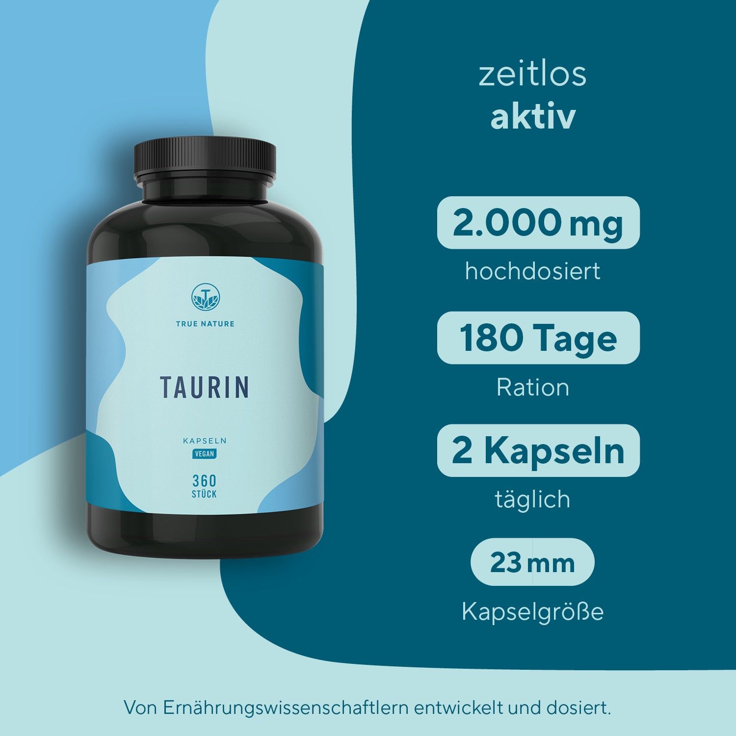 True Nature® Taurin Kapseln - Vegan & Made in Germany 3x360 St