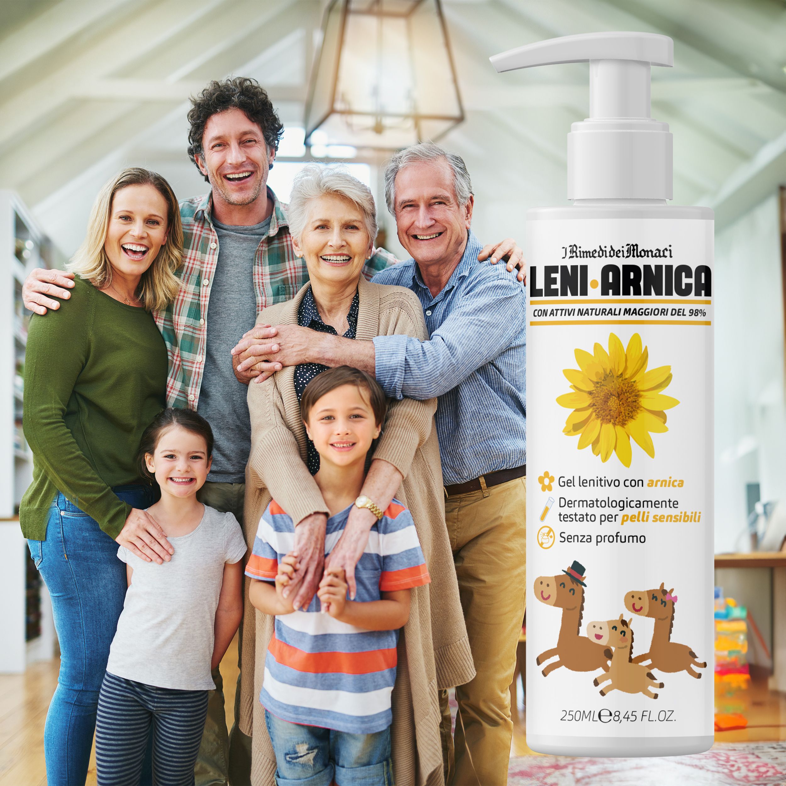 Familie mit Kindern und Senioren. In der Mitte: Flasche Leni Arnica. Gel mit Arnika, dermatologisch getestet, für empfindliche Haut.