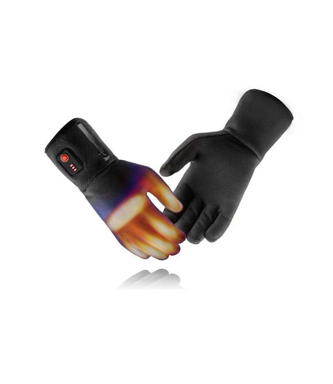 Schwarze Unterziehhandschuhe mit Heizfunktion. Sichtbare Bedienelemente am Handgelenk. Ein Handschuh zeigt Wärme.