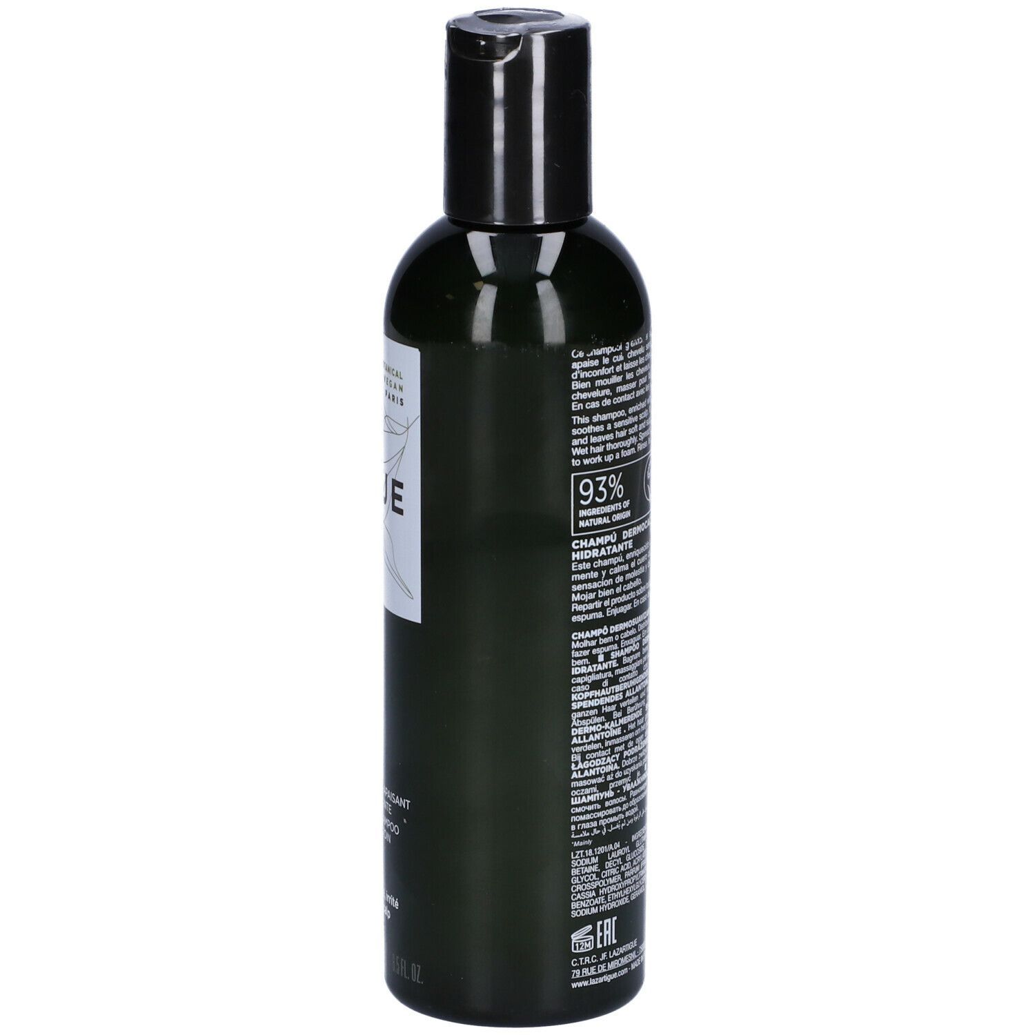 Vista laterale del flacone di shampoo LAZARTIGUE CALM. Flacone verde scuro con tappo nero. Etichetta con informazioni sul prodotto e ingredienti. Testo: 93%.