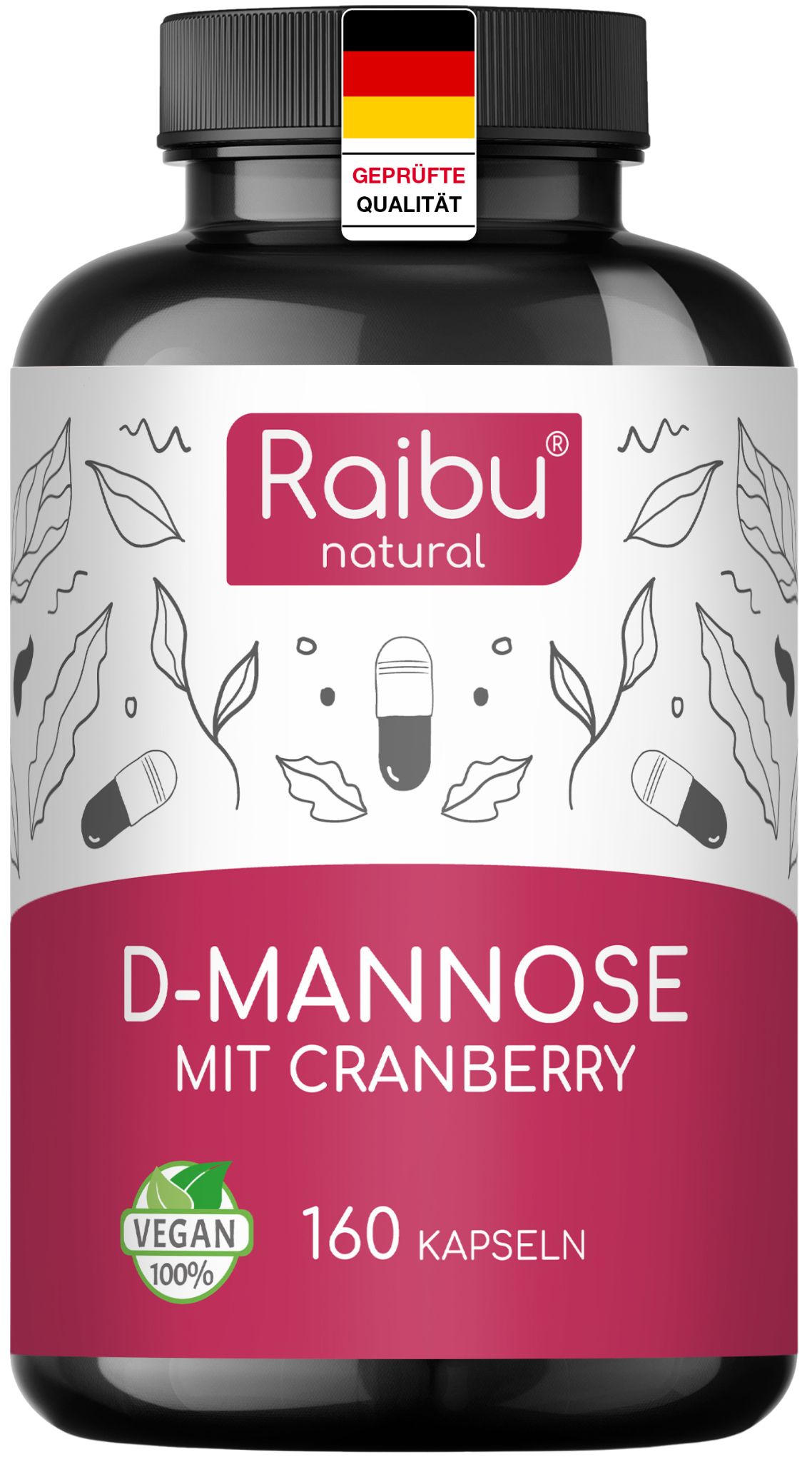 Braune Flasche mit schwarzem Deckel. Etikett mit Raibu-Logo, D-Mannose, Cranberry, 160 Kapseln. Vegan-Siegel.