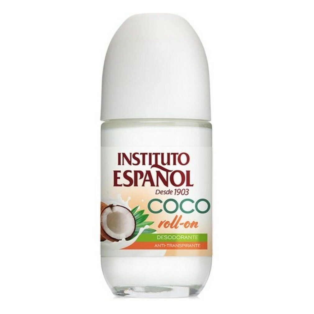 Roll-on-Deodorant von Instituto Español. Weiße Kappe, transparente Flasche. Aufschrift: Coco Roll-on, Kokosnuss-Illustration.