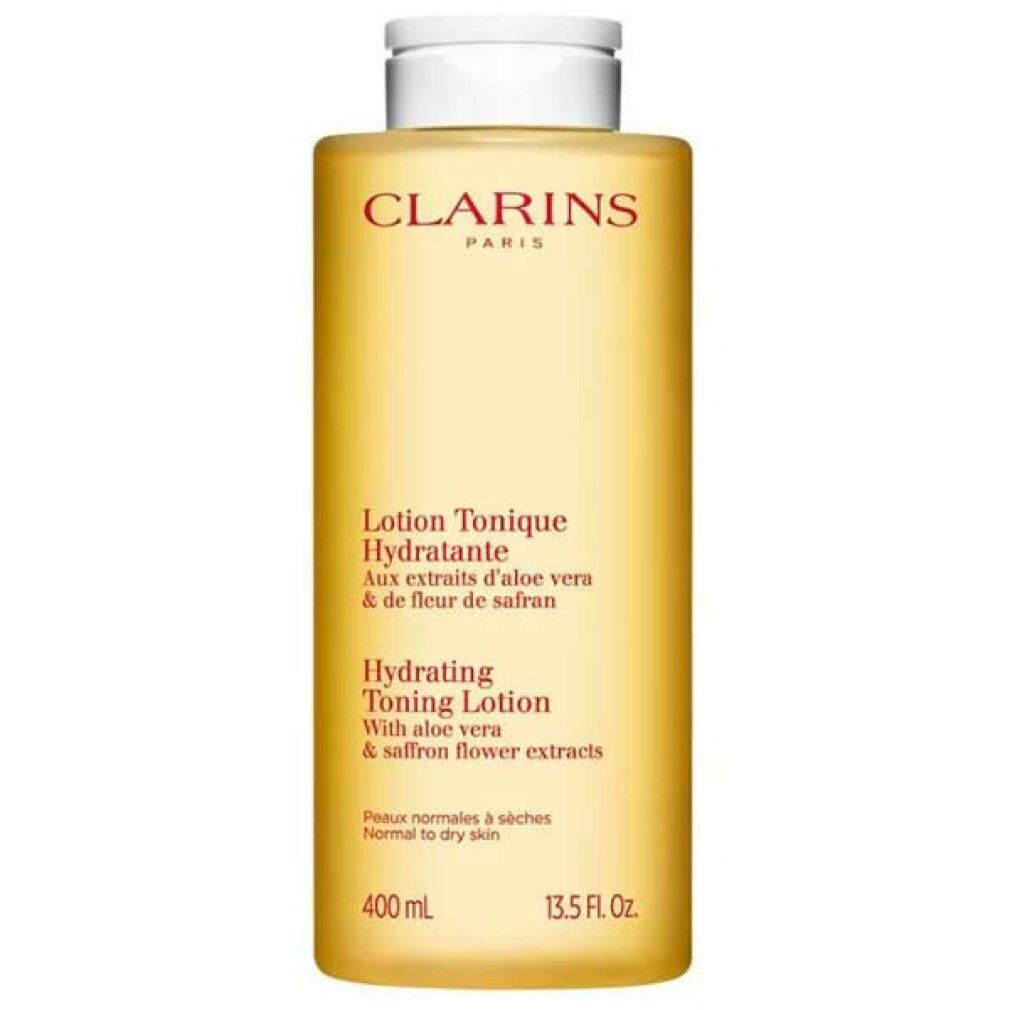 Gelbe Flasche mit weißem Deckel. Aufschrift: Clarins Paris, Lotion Tonique Hydratante, Hydrating Toning Lotion, 400 ml, 13.5 Fl. Oz.