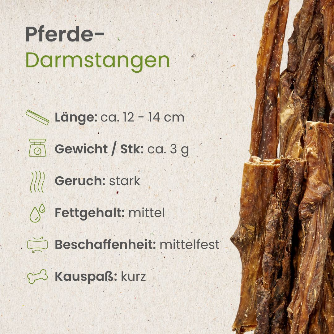 Getrocknete Pferde-Darmstangen, 12-14 cm lang, 3g pro Stück, starker Geruch, mittlerer Fettgehalt.