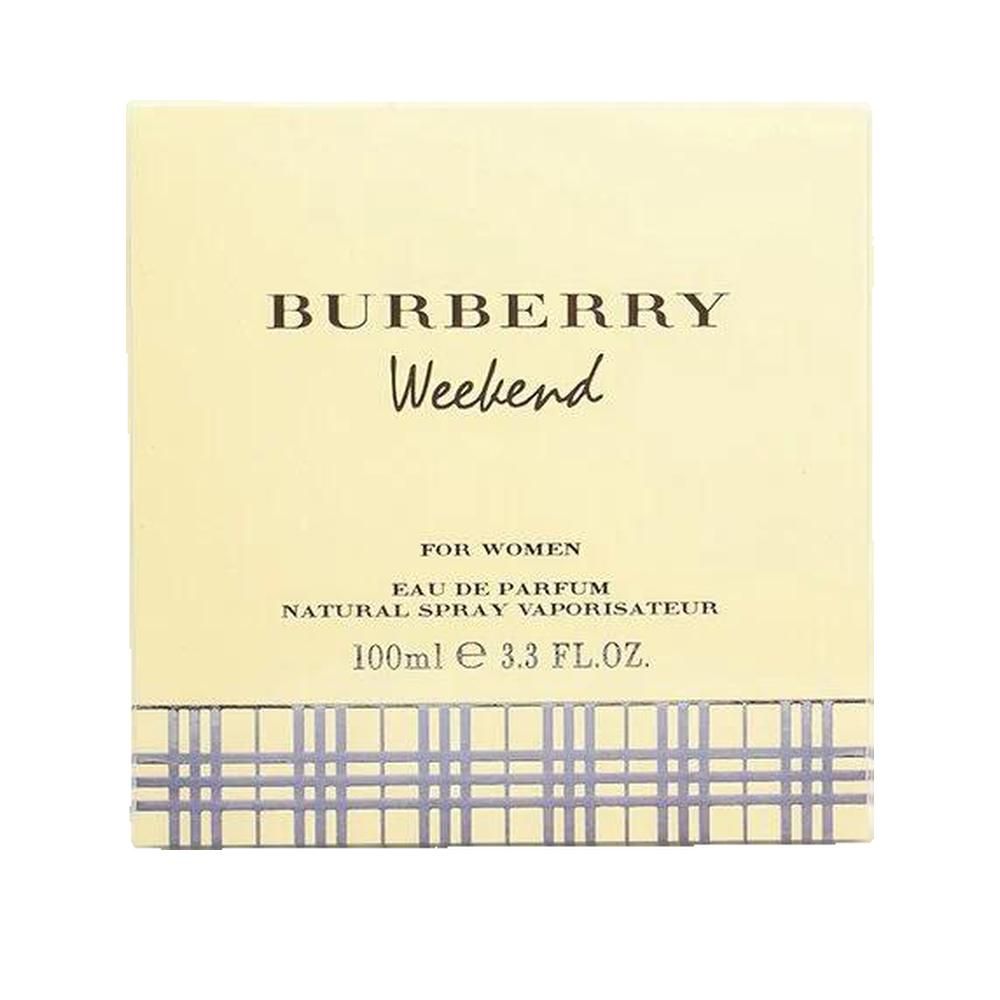 Verpackung von Burberry Weekend. Aufschrift: Burberry Weekend For Women, Eau de Parfum, 100ml. Beige quadratische Schachtel.