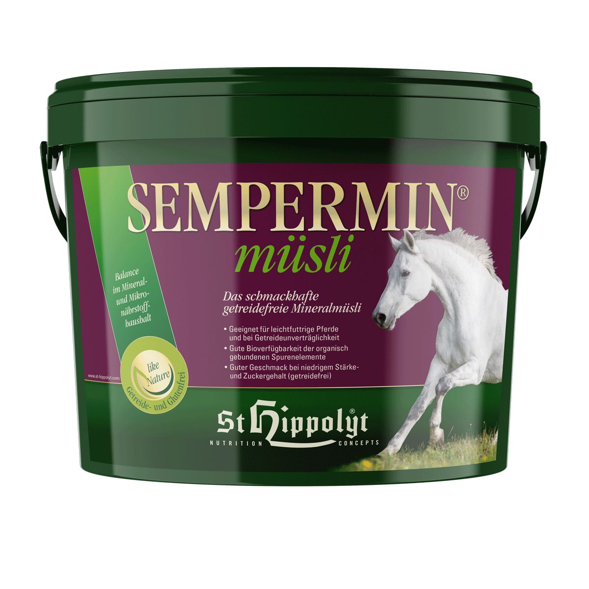 Grüner Eimer mit Aufschrift 'Sempermin Müsli'. Abbildung eines weißen Pferdes. Marke: St. Hippolyt.
