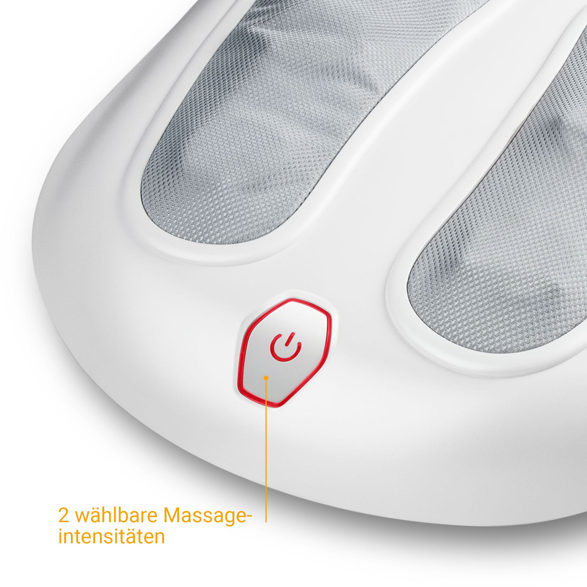 Nahaufnahme des Power-Knopfes eines Shiatsu-Fußmassagegeräts mit der Beschriftung '2 wählbare Massage-Intensitäten'.