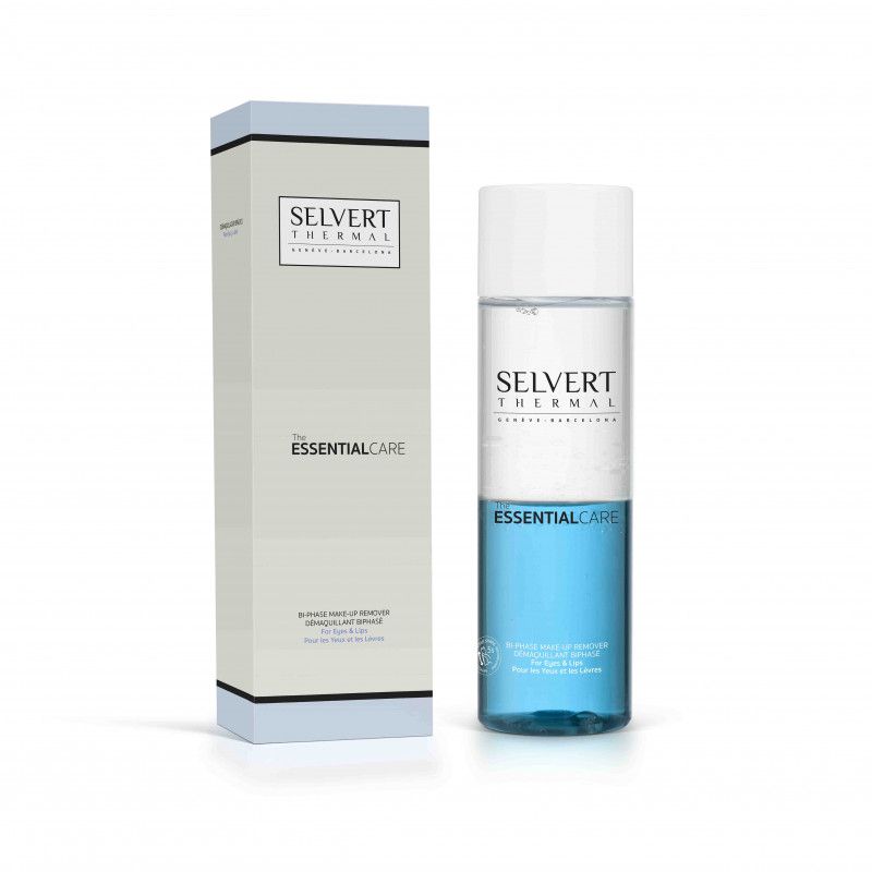 Zwei-Phasen-Make-up-Entferner in einer transparenten Flasche und Verpackung. Aufschrift: Selvert Thermal, Essential Care.