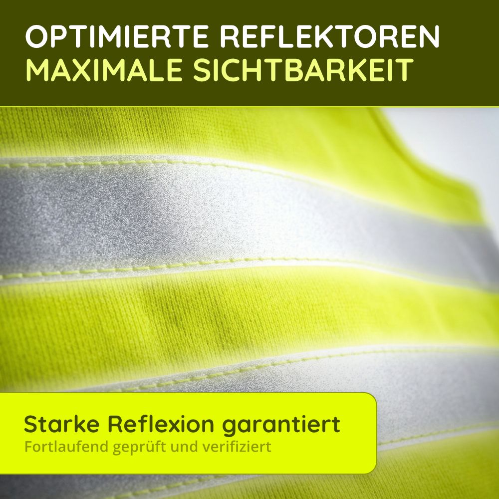 Detailansicht einer neongelben Warnweste mit breiten reflektierenden Streifen.