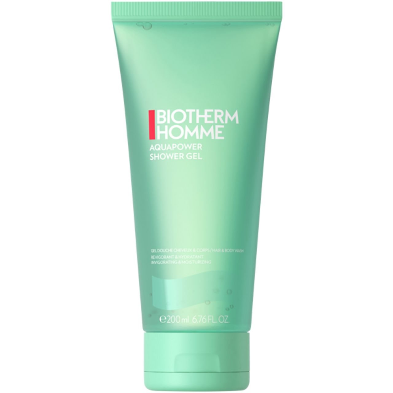 Grünes Duschgel in Tube. BIOTHERM HOMME, AQUAPOWER, 200 ml. Mintgrüner Deckel. Text in Rot und Weiß. Klare Flüssigkeit sichtbar.