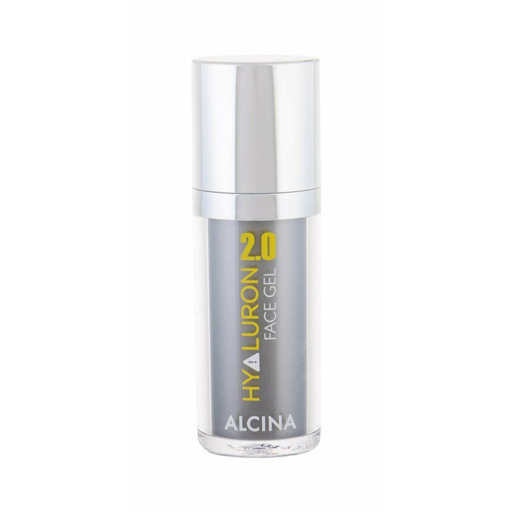 Zylindrische Flasche mit silbernem Deckel. Aufschrift: Hyaluron 2.0 Face Gel, Alcina. Grauer Hintergrund.